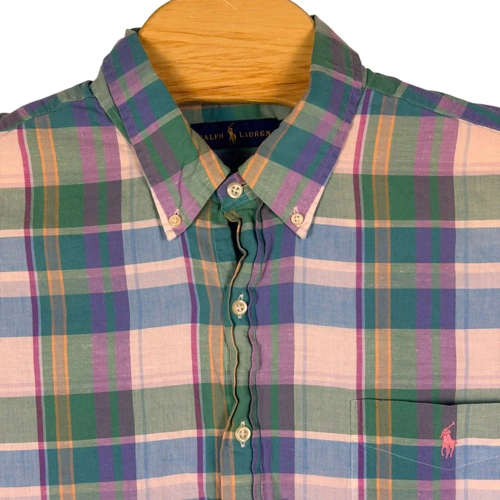 Ralph Lauren Shirt Men XXL Green Plaid Madras Cotton Viscose Short Sleeve Preppy